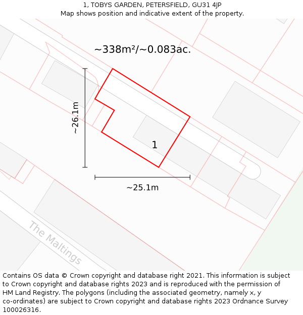 1, TOBYS GARDEN, PETERSFIELD, GU31 4JP: Plot and title map