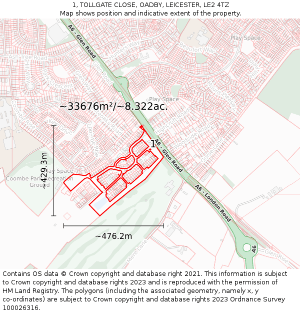 1, TOLLGATE CLOSE, OADBY, LEICESTER, LE2 4TZ: Plot and title map
