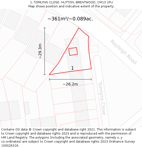 1, TOMLYNS CLOSE, HUTTON, BRENTWOOD, CM13 1PU: Plot and title map