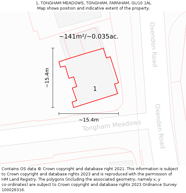 1, TONGHAM MEADOWS, TONGHAM, FARNHAM, GU10 1AL: Plot and title map