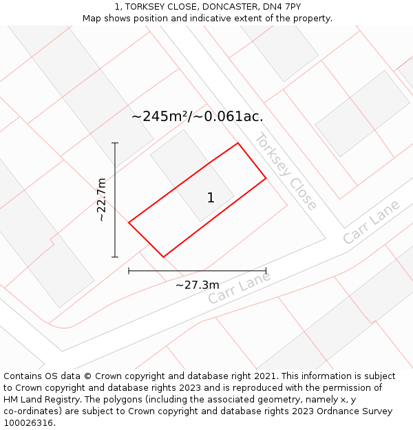 1, TORKSEY CLOSE, DONCASTER, DN4 7PY: Plot and title map