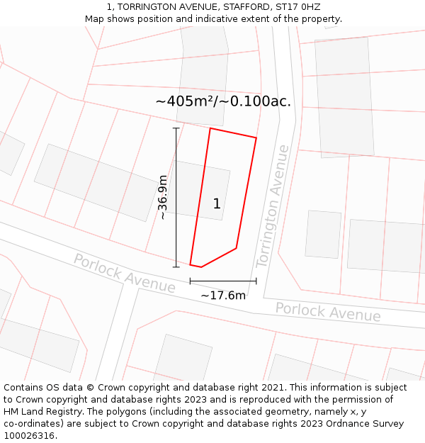 1, TORRINGTON AVENUE, STAFFORD, ST17 0HZ: Plot and title map