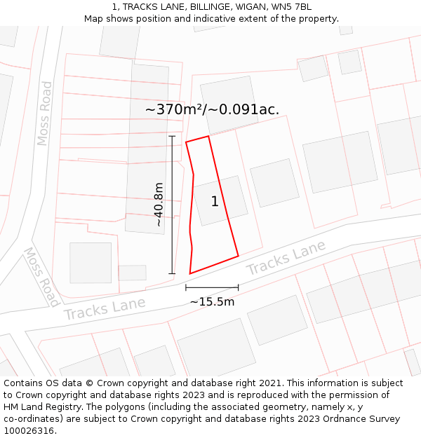 1, TRACKS LANE, BILLINGE, WIGAN, WN5 7BL: Plot and title map