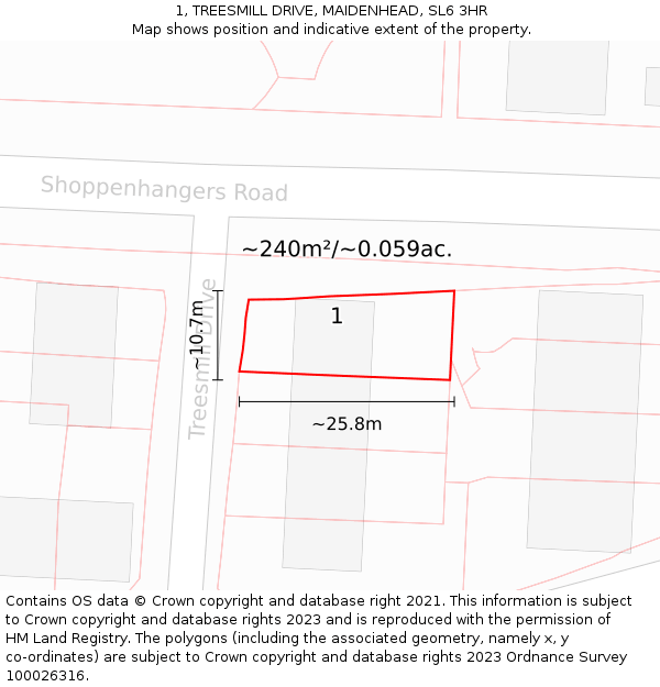 1, TREESMILL DRIVE, MAIDENHEAD, SL6 3HR: Plot and title map