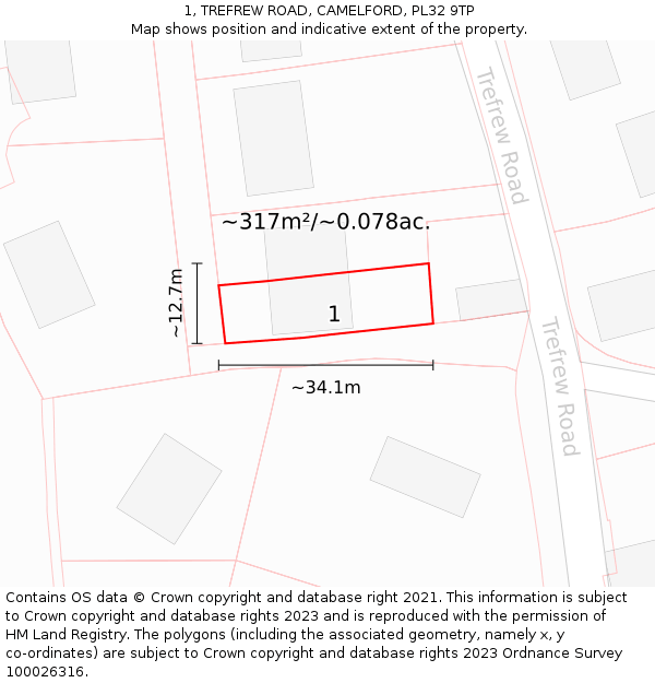 1, TREFREW ROAD, CAMELFORD, PL32 9TP: Plot and title map