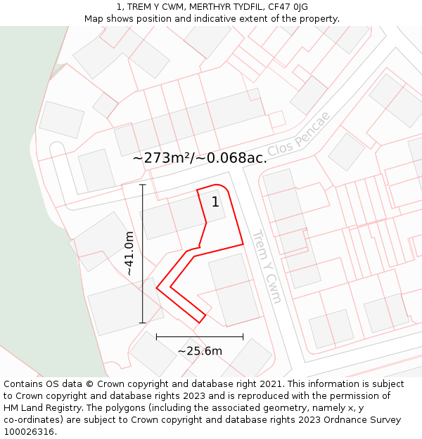 1, TREM Y CWM, MERTHYR TYDFIL, CF47 0JG: Plot and title map