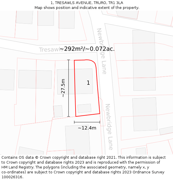 1, TRESAWLS AVENUE, TRURO, TR1 3LA: Plot and title map
