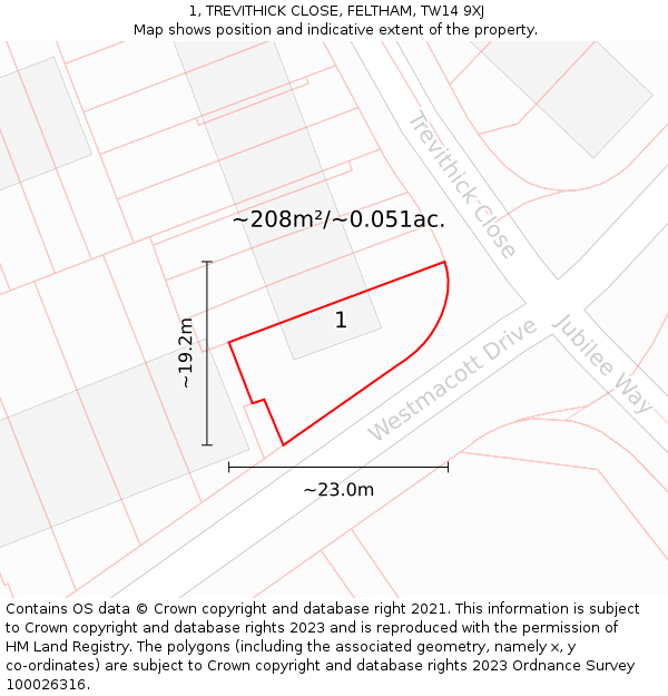 1, TREVITHICK CLOSE, FELTHAM, TW14 9XJ: Plot and title map