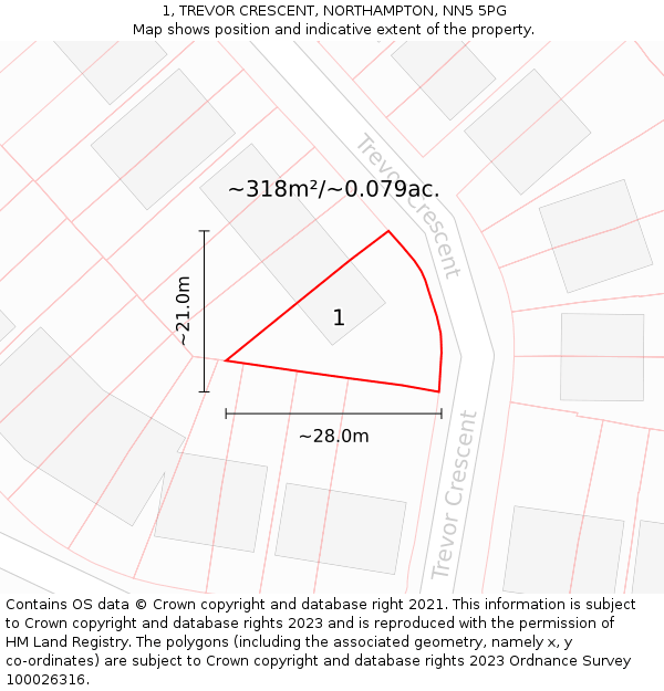 1, TREVOR CRESCENT, NORTHAMPTON, NN5 5PG: Plot and title map