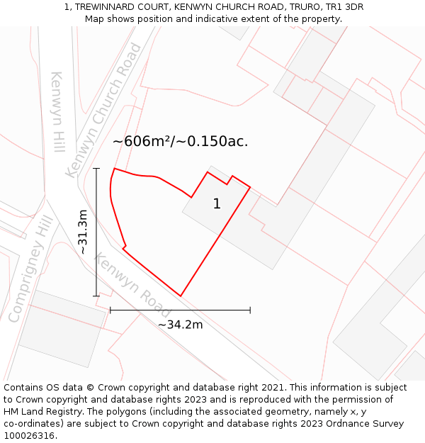 1, TREWINNARD COURT, KENWYN CHURCH ROAD, TRURO, TR1 3DR: Plot and title map