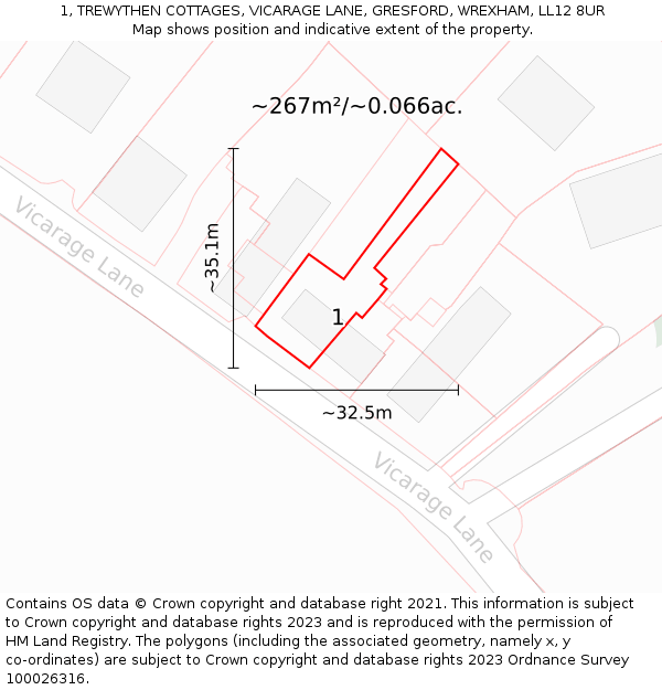 1, TREWYTHEN COTTAGES, VICARAGE LANE, GRESFORD, WREXHAM, LL12 8UR: Plot and title map