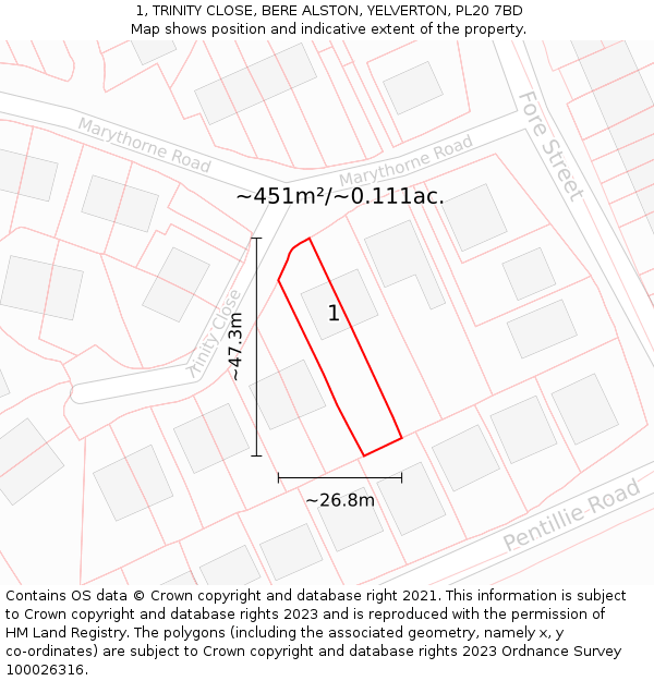 1, TRINITY CLOSE, BERE ALSTON, YELVERTON, PL20 7BD: Plot and title map