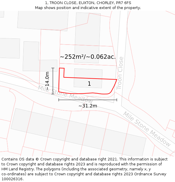 1, TROON CLOSE, EUXTON, CHORLEY, PR7 6FS: Plot and title map