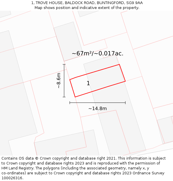 1, TROVE HOUSE, BALDOCK ROAD, BUNTINGFORD, SG9 9AA: Plot and title map