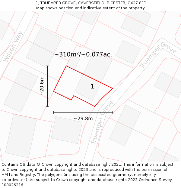 1, TRUEMPER GROVE, CAVERSFIELD, BICESTER, OX27 8FD: Plot and title map