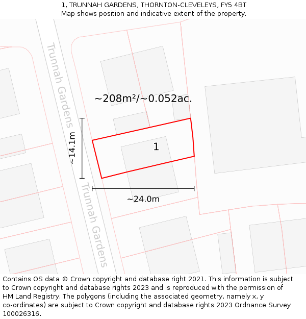 1, TRUNNAH GARDENS, THORNTON-CLEVELEYS, FY5 4BT: Plot and title map