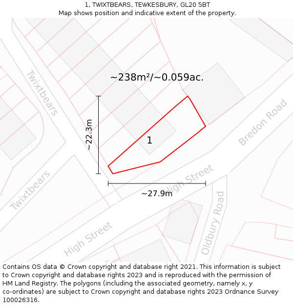 1, TWIXTBEARS, TEWKESBURY, GL20 5BT: Plot and title map