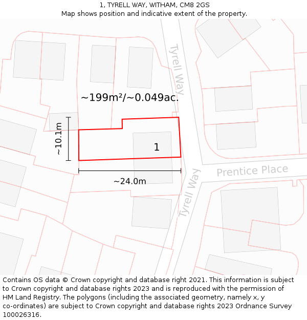 1, TYRELL WAY, WITHAM, CM8 2GS: Plot and title map