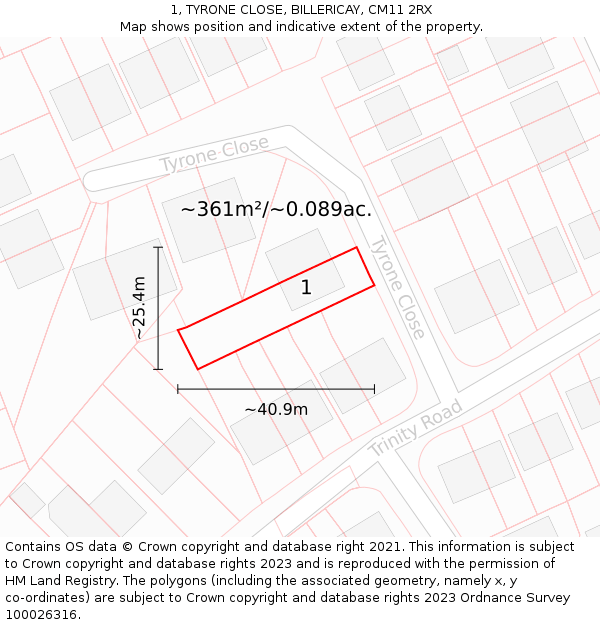 1, TYRONE CLOSE, BILLERICAY, CM11 2RX: Plot and title map
