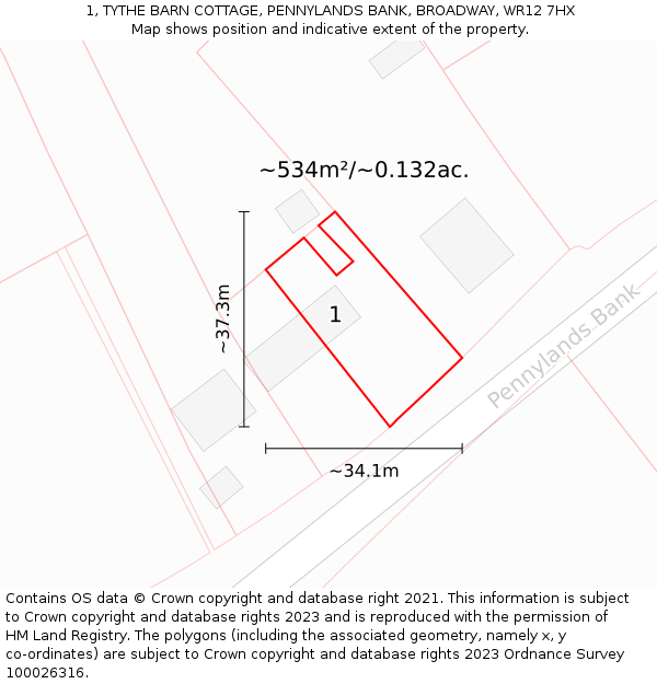 1, TYTHE BARN COTTAGE, PENNYLANDS BANK, BROADWAY, WR12 7HX: Plot and title map