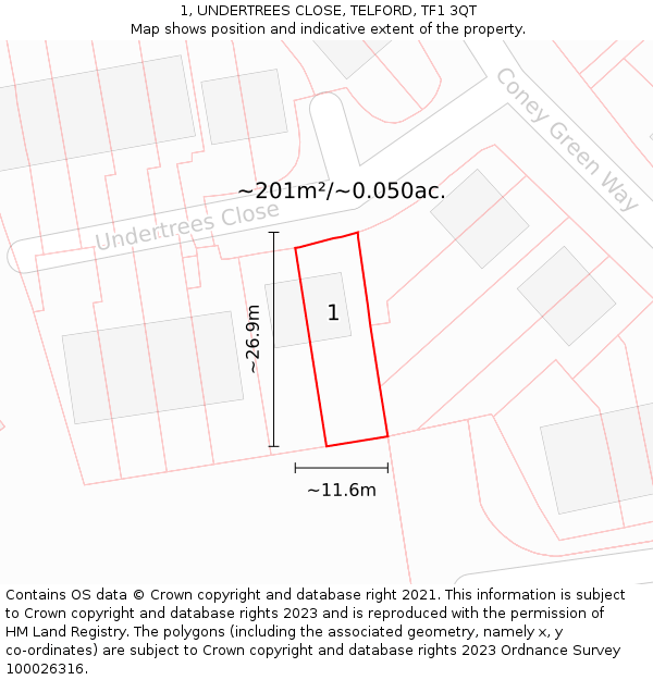 1, UNDERTREES CLOSE, TELFORD, TF1 3QT: Plot and title map