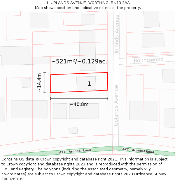 1, UPLANDS AVENUE, WORTHING, BN13 3AA: Plot and title map