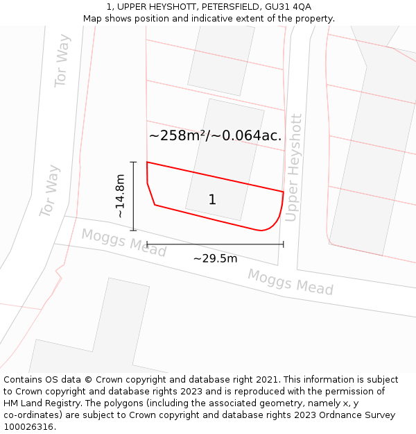 1, UPPER HEYSHOTT, PETERSFIELD, GU31 4QA: Plot and title map