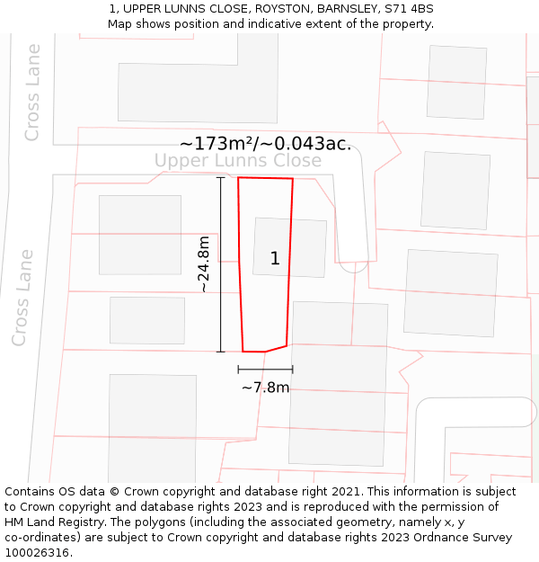 1, UPPER LUNNS CLOSE, ROYSTON, BARNSLEY, S71 4BS: Plot and title map