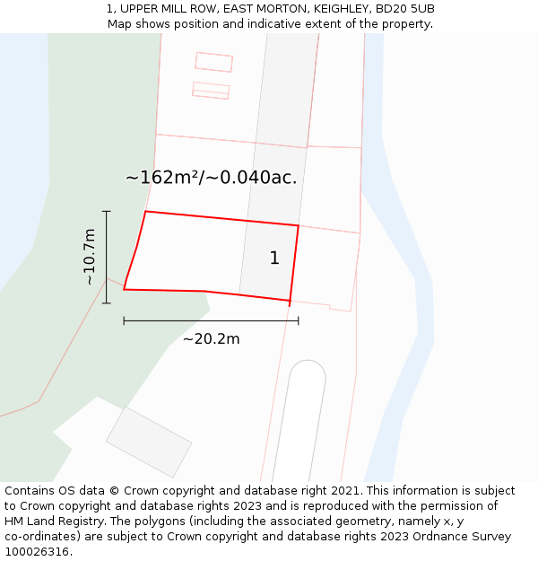 1, UPPER MILL ROW, EAST MORTON, KEIGHLEY, BD20 5UB: Plot and title map
