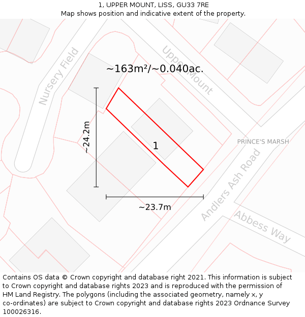 1, UPPER MOUNT, LISS, GU33 7RE: Plot and title map