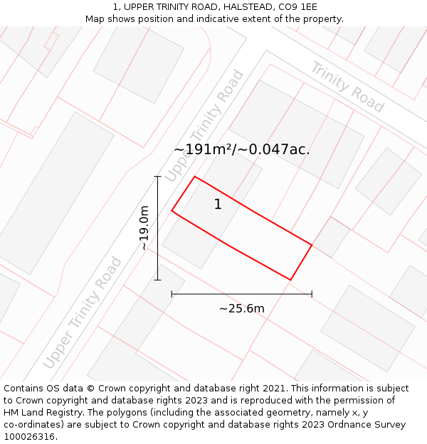 1, UPPER TRINITY ROAD, HALSTEAD, CO9 1EE: Plot and title map