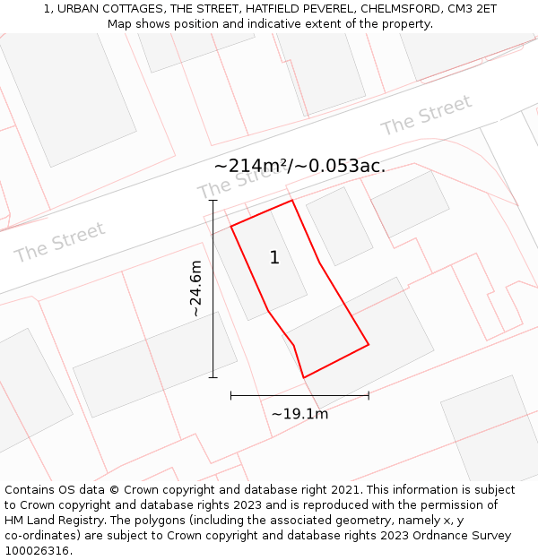 1, URBAN COTTAGES, THE STREET, HATFIELD PEVEREL, CHELMSFORD, CM3 2ET: Plot and title map