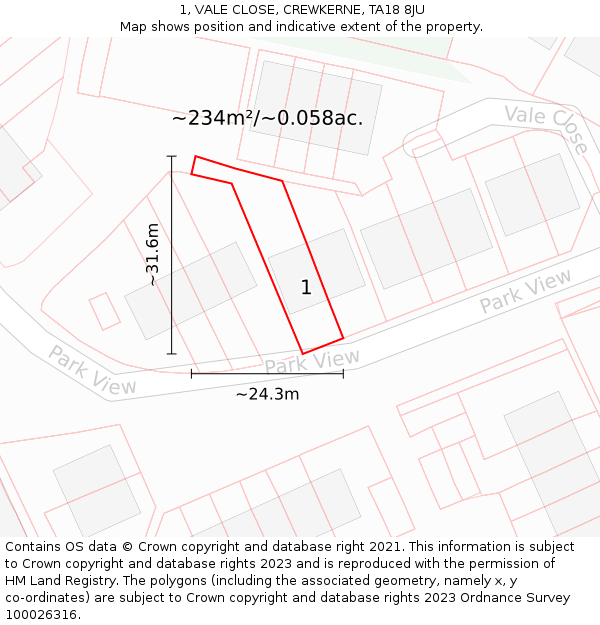 1, VALE CLOSE, CREWKERNE, TA18 8JU: Plot and title map