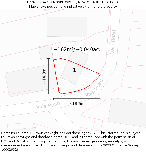 1, VALE ROAD, KINGSKERSWELL, NEWTON ABBOT, TQ12 5AE: Plot and title map
