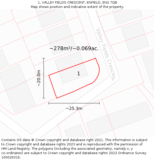 1, VALLEY FIELDS CRESCENT, ENFIELD, EN2 7QB: Plot and title map