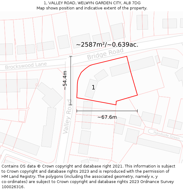 1, VALLEY ROAD, WELWYN GARDEN CITY, AL8 7DG: Plot and title map