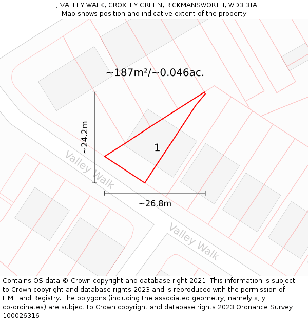 1, VALLEY WALK, CROXLEY GREEN, RICKMANSWORTH, WD3 3TA: Plot and title map