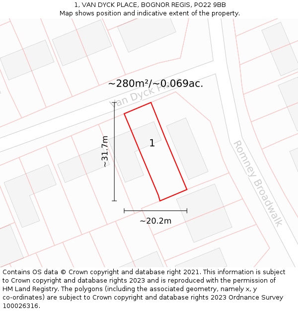 1, VAN DYCK PLACE, BOGNOR REGIS, PO22 9BB: Plot and title map