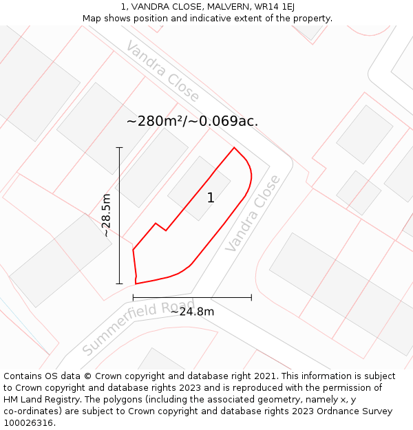 1, VANDRA CLOSE, MALVERN, WR14 1EJ: Plot and title map