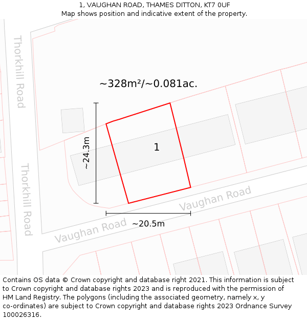 1, VAUGHAN ROAD, THAMES DITTON, KT7 0UF: Plot and title map