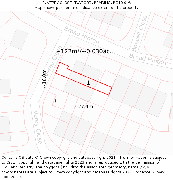 1, VEREY CLOSE, TWYFORD, READING, RG10 0LW: Plot and title map