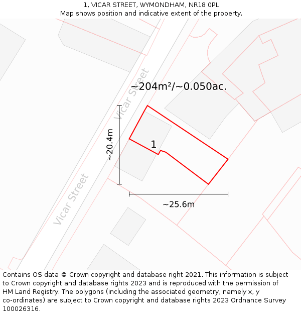 1, VICAR STREET, WYMONDHAM, NR18 0PL: Plot and title map