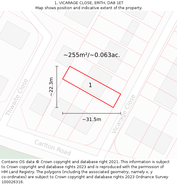 1, VICARAGE CLOSE, ERITH, DA8 1ET: Plot and title map
