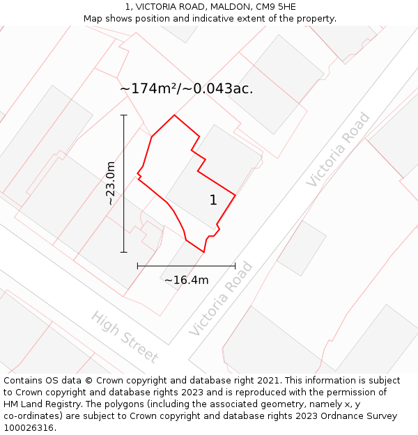 1, VICTORIA ROAD, MALDON, CM9 5HE: Plot and title map