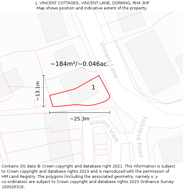 1, VINCENT COTTAGES, VINCENT LANE, DORKING, RH4 3HF: Plot and title map