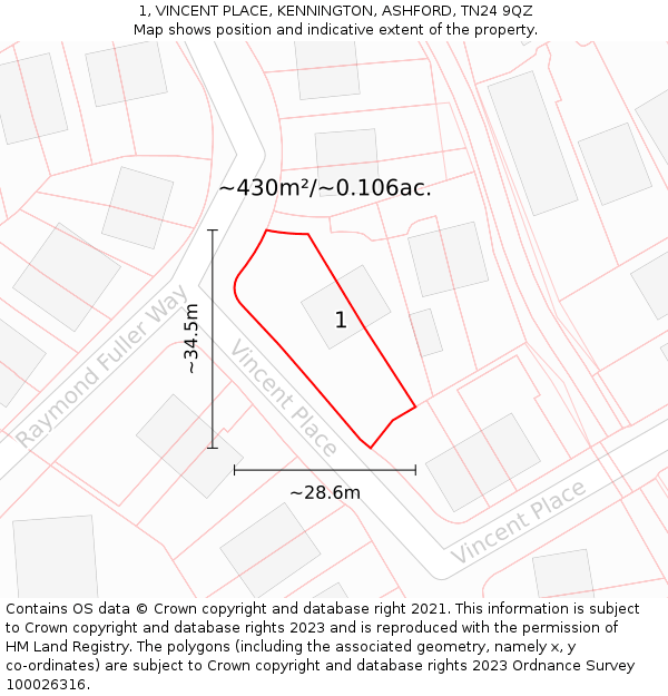 1, VINCENT PLACE, KENNINGTON, ASHFORD, TN24 9QZ: Plot and title map
