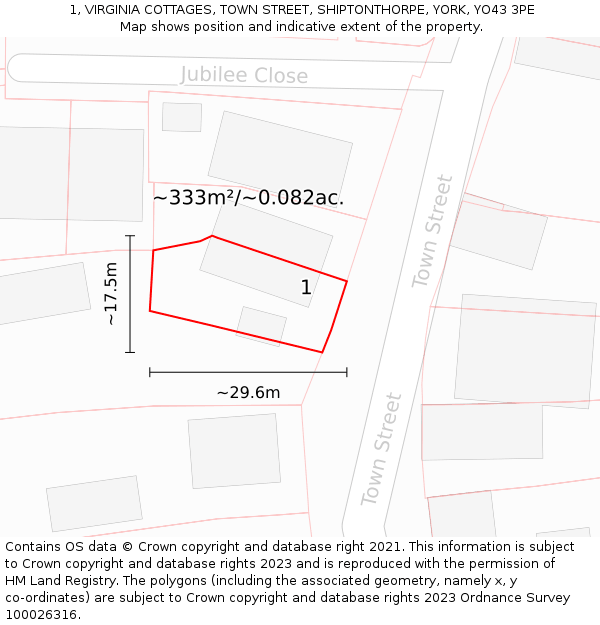 1, VIRGINIA COTTAGES, TOWN STREET, SHIPTONTHORPE, YORK, YO43 3PE: Plot and title map