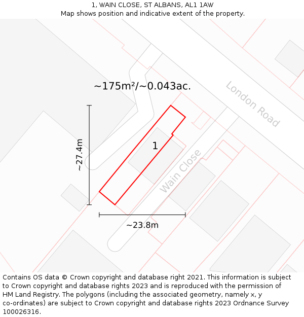 1, WAIN CLOSE, ST ALBANS, AL1 1AW: Plot and title map