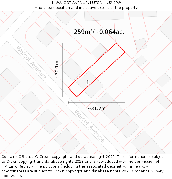 1, WALCOT AVENUE, LUTON, LU2 0PW: Plot and title map