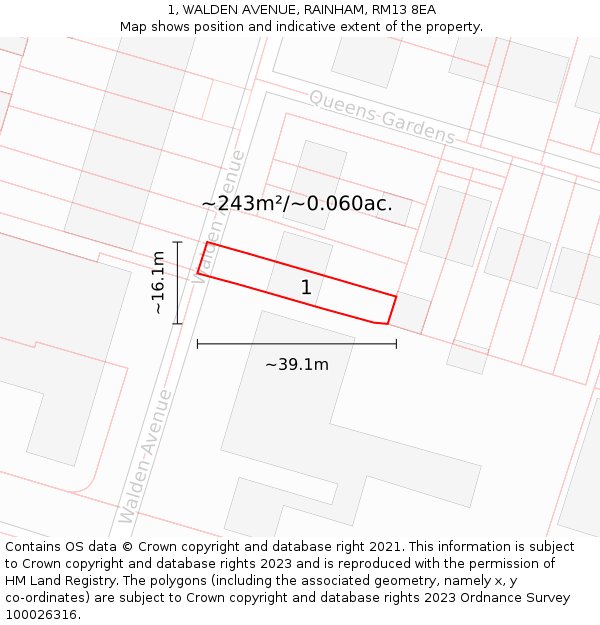 1, WALDEN AVENUE, RAINHAM, RM13 8EA: Plot and title map